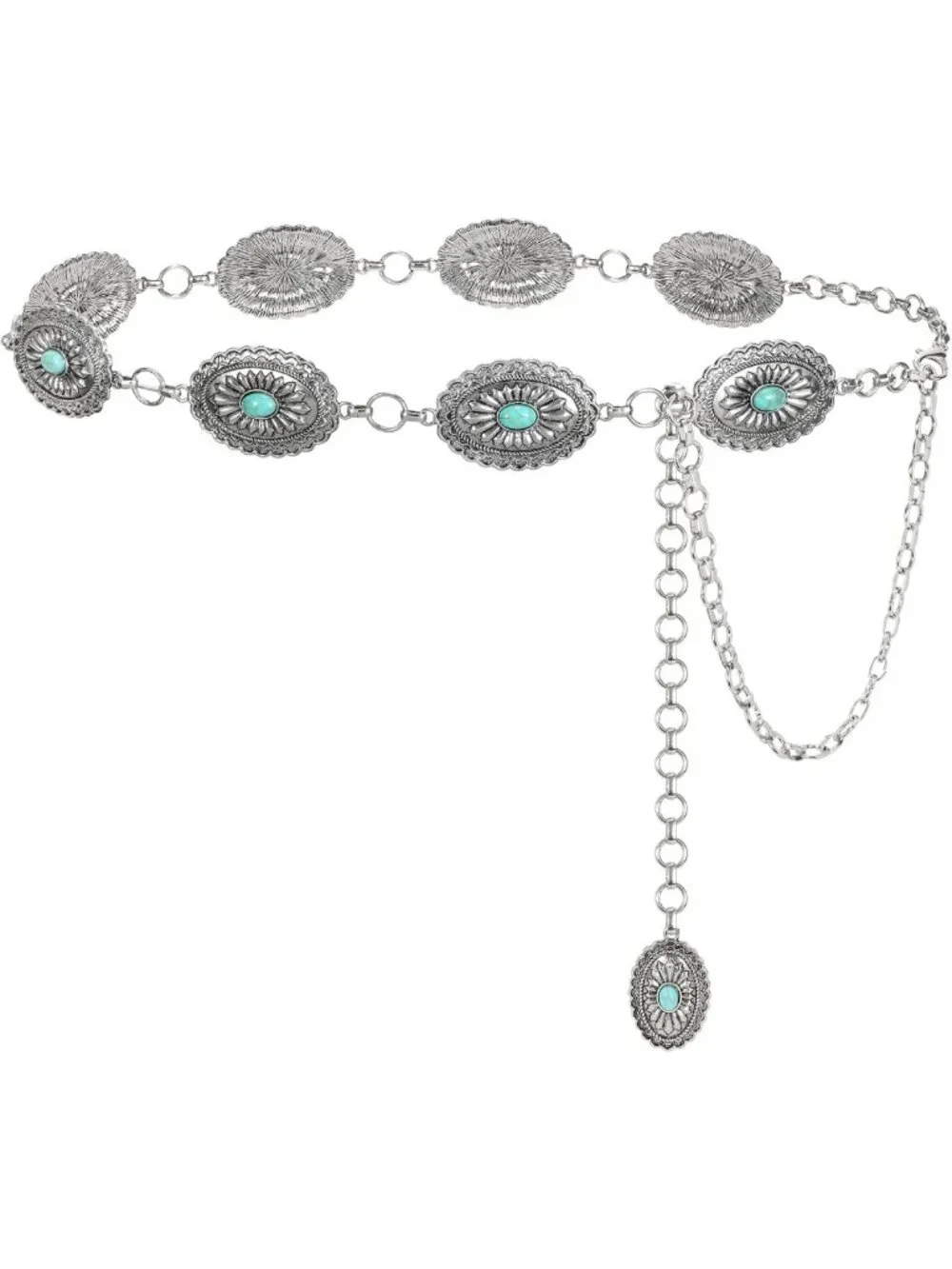Turquoise Concho Chain Waist Belt - Adjustable Silver Western Cowgirl Style